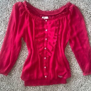 Hollister hot pink sheer ruffley button down dollette blouse size small